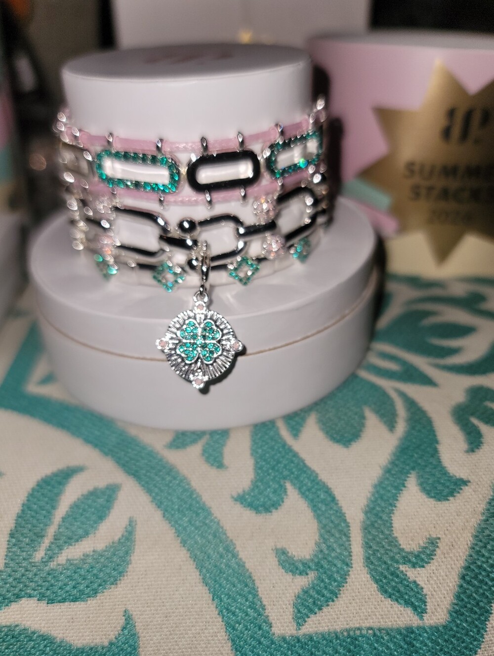 BP 2026 Summer Stacks. Rhodium Teal & Pink Bracelet Set w/Clover Charm